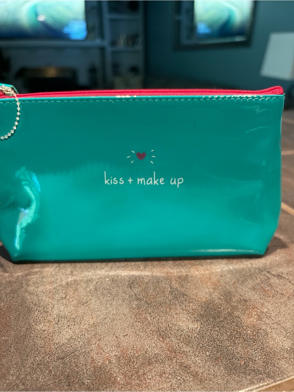 Happy Jackson London Kiss + Make Up Teal Cosmetic Pouch with Pink Zipper